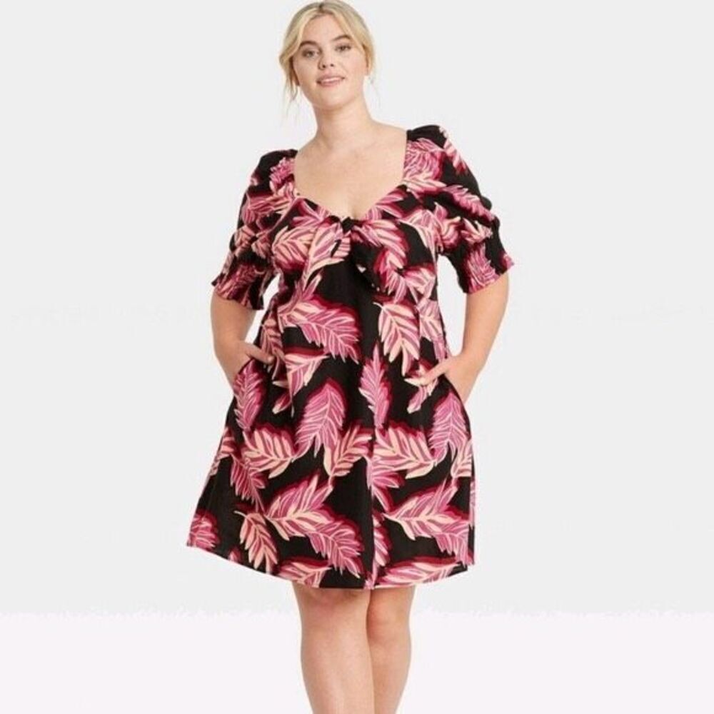 Who What Wear Black And Pink Leaf Print Puff Sleeve Linen Blend SZ L